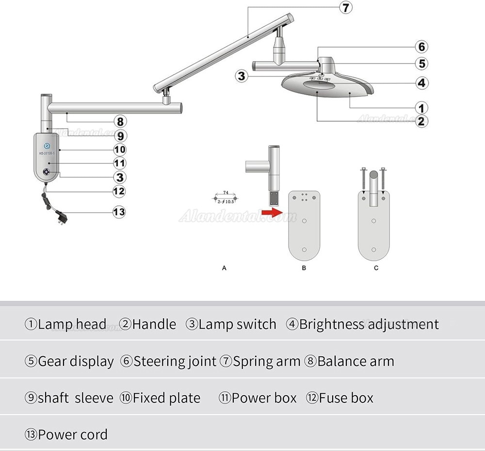KWS KD-2012B-5 90W LED Dental Surgical Light Wall-Mounted Shadowless Lamp CE